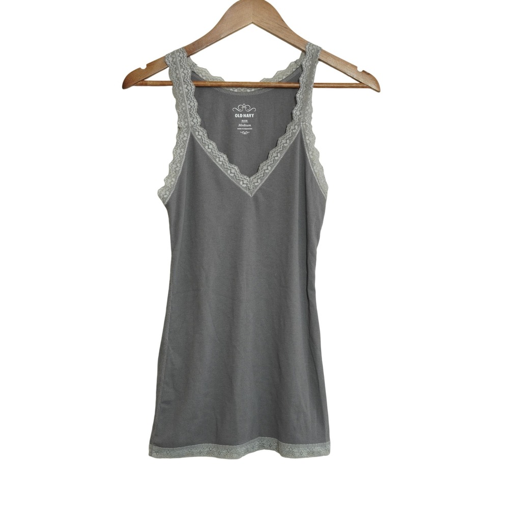 Old Navy Y2K 2010s Gray Ribbed Lace Trim Tank Top V-Neck Camisole Layering